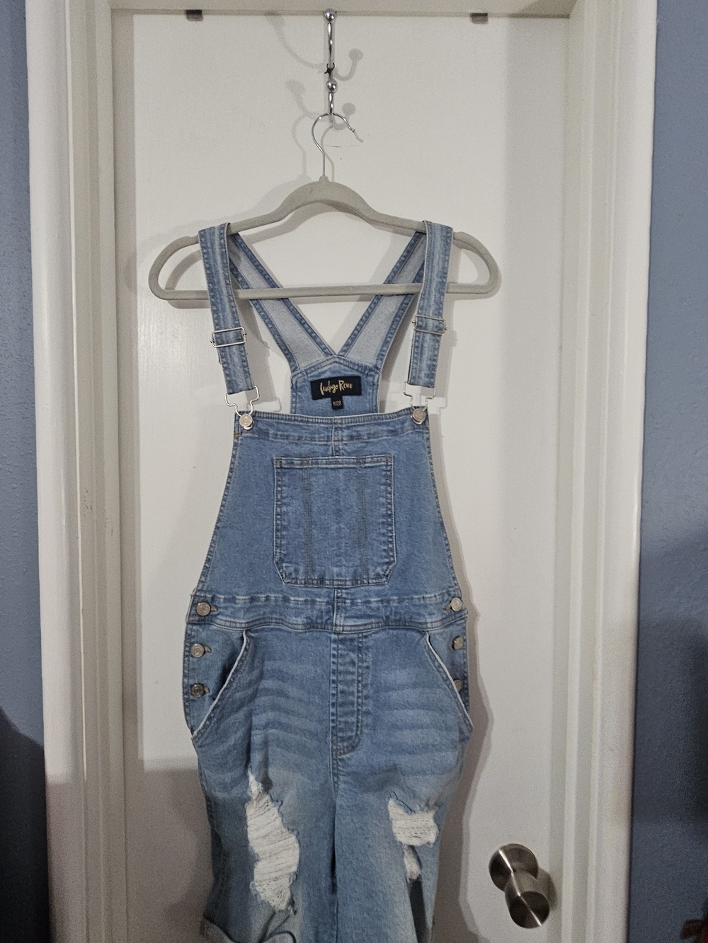 Light Wash Denim Overalls with Distressed Knees